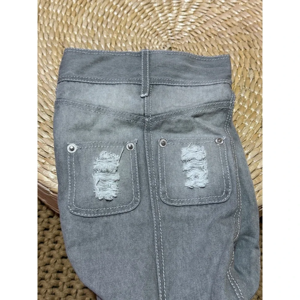 VIVIANLY Gray Denim Look Distressed Pocket‎ Over The Knee Cowboy Western Boots